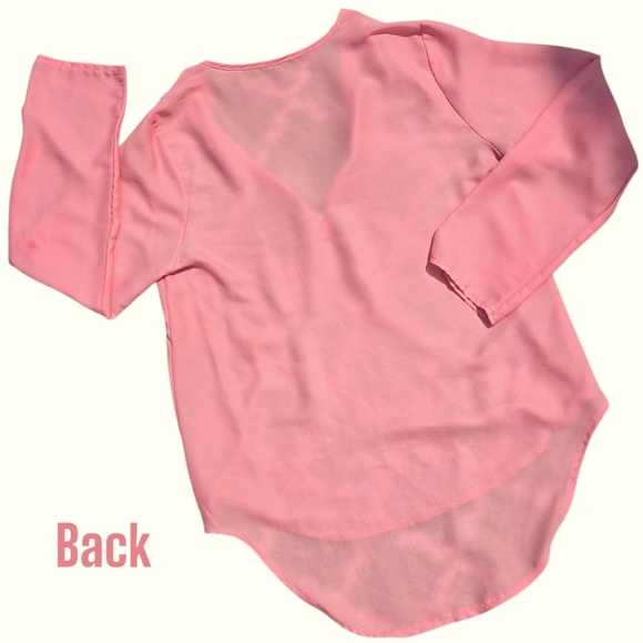 🟨 ☆ NWOT ☆ Sheer Pink Pull-Sleeve V-Neck Chiffon Blouse w Zipper Large - Picture 6 of 8